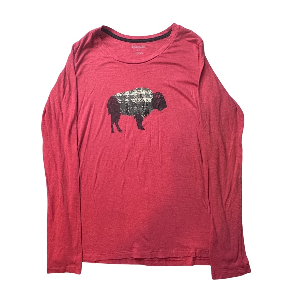 Columbia T-Shirt Women Large Red Buffalo Plaid Graphic Long Sleeve Crew Neck Tee